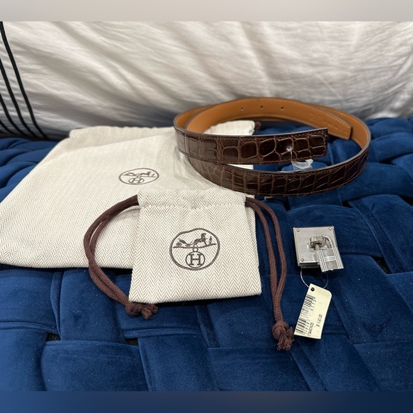 Hermes Crocodile Belt  Leather Porosus Burgundy Terre Kelly Lock Tresor Argent - Picture 3 of 8